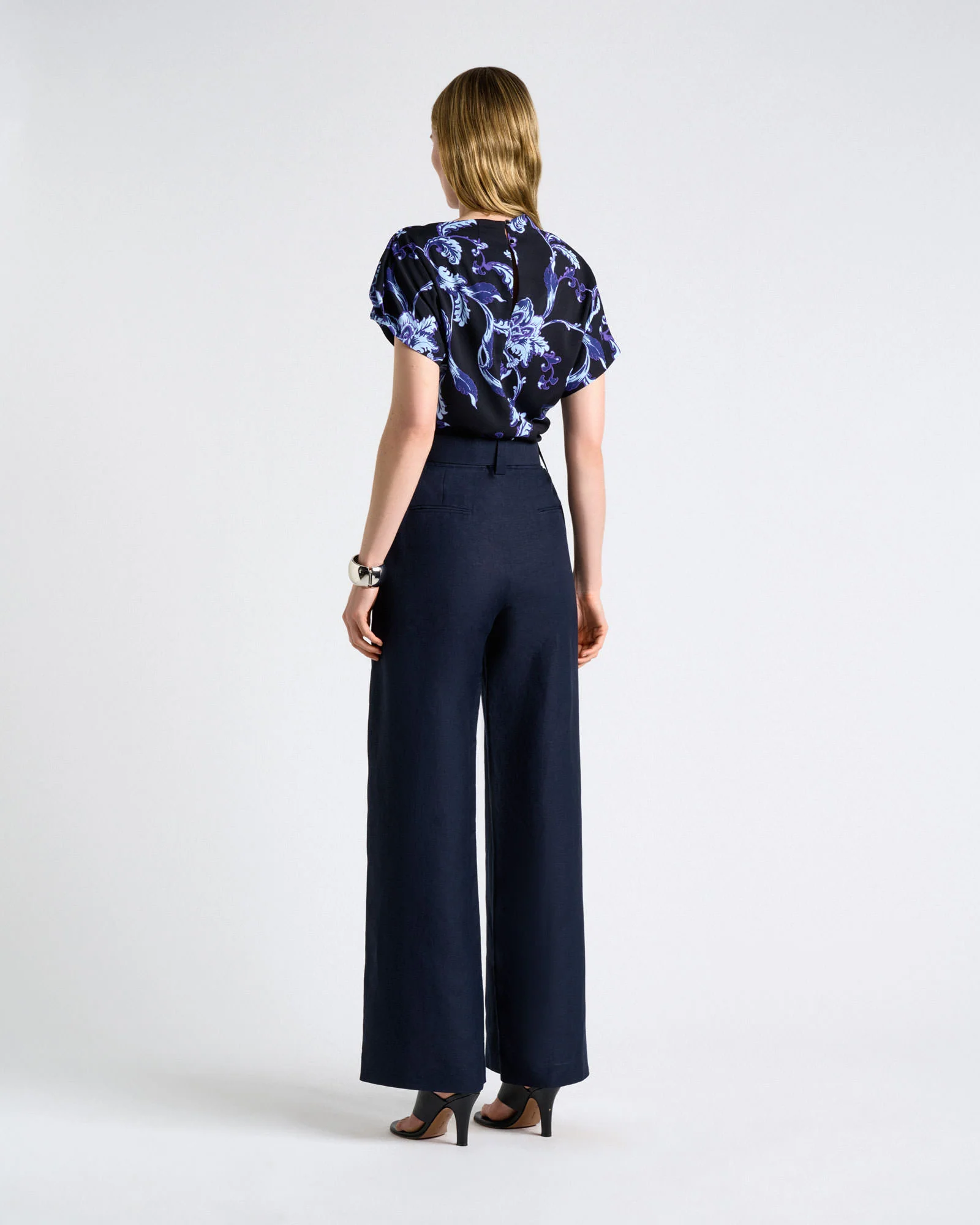 Blue Chintz Floral Draped Fold Neck Top - Image 4