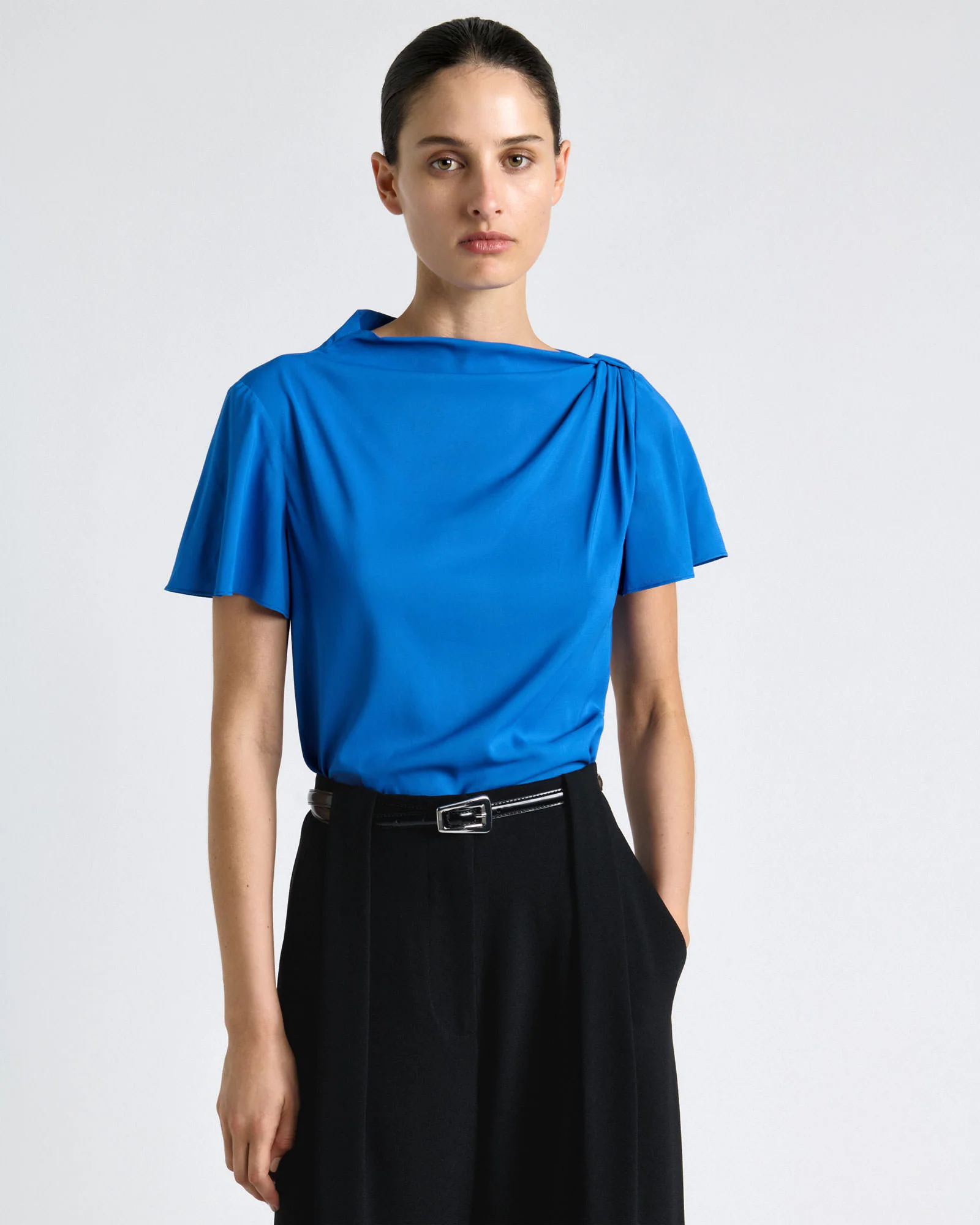 Blue Stretch Viscose Draped Sleeve Top - Image 3