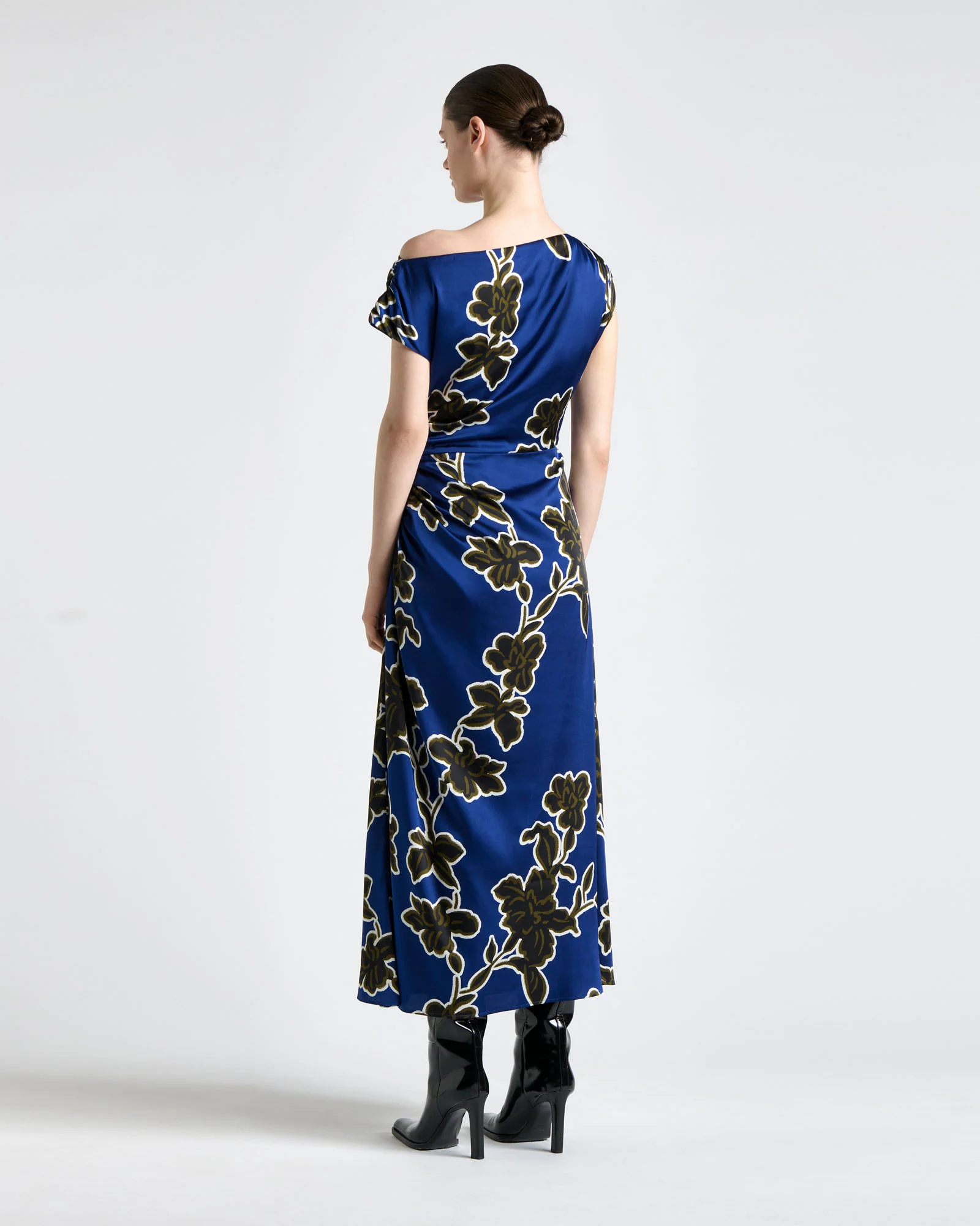Cobalt Illustrated Floral Satin Draped Midi Dress - Image 3
