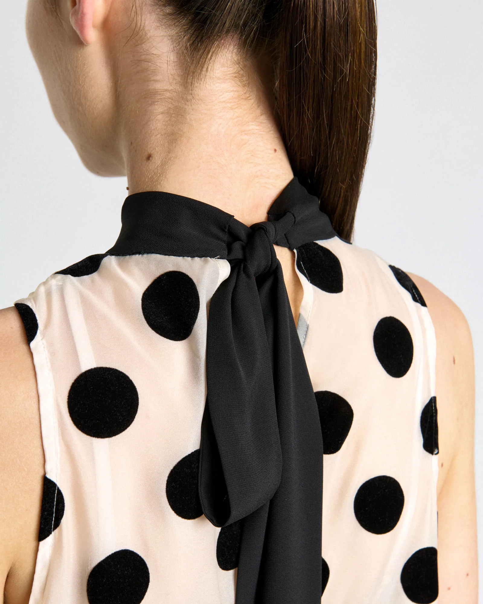 Flocked Polka Dot Tie Neck Mini Dress - Image 4