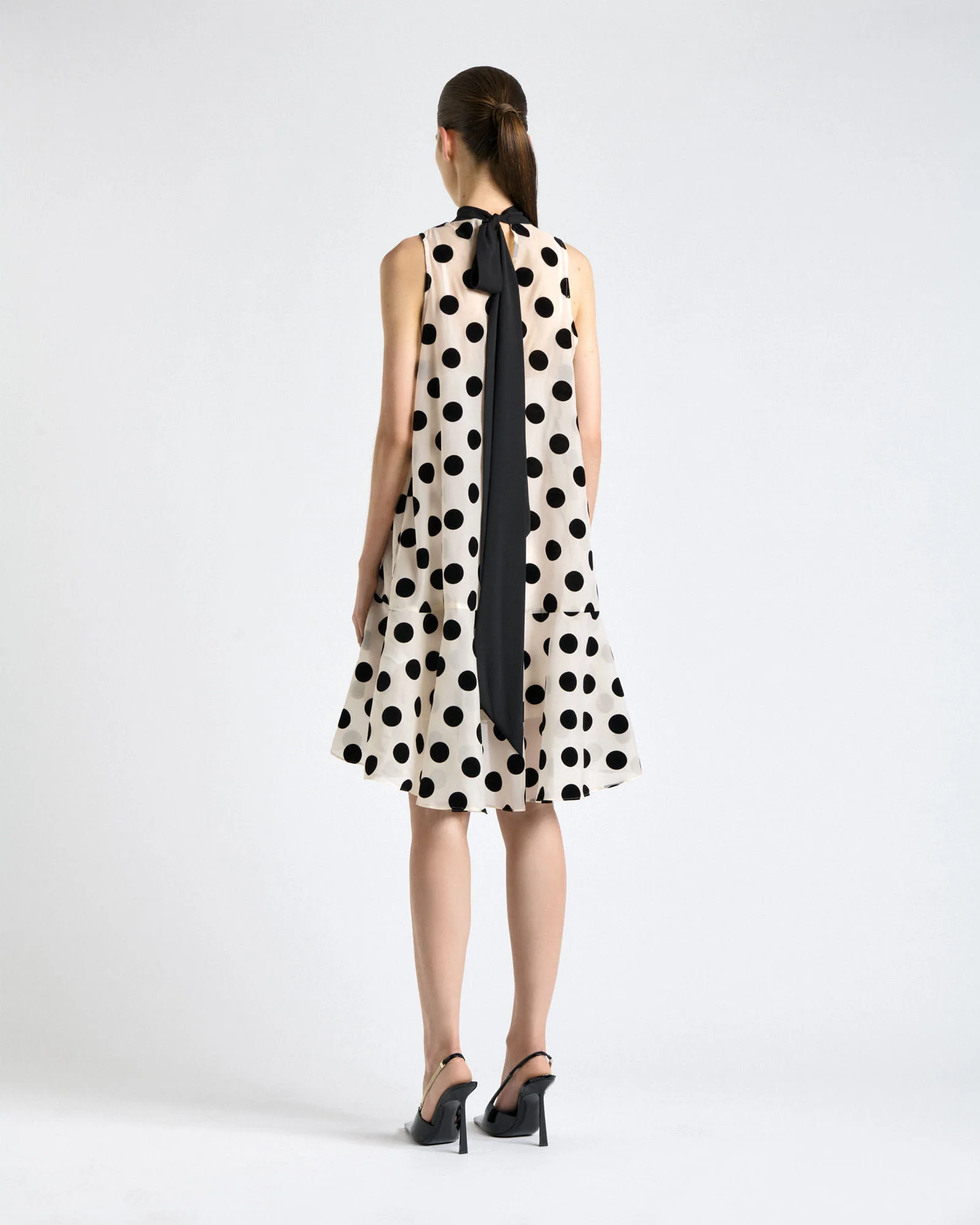 Flocked Polka Dot Tie Neck Mini Dress - Image 5