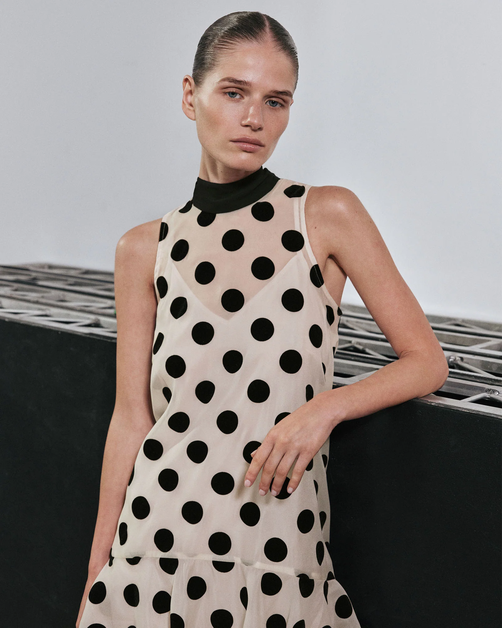 Flocked Polka Dot Tie Neck Mini Dress - Image 6