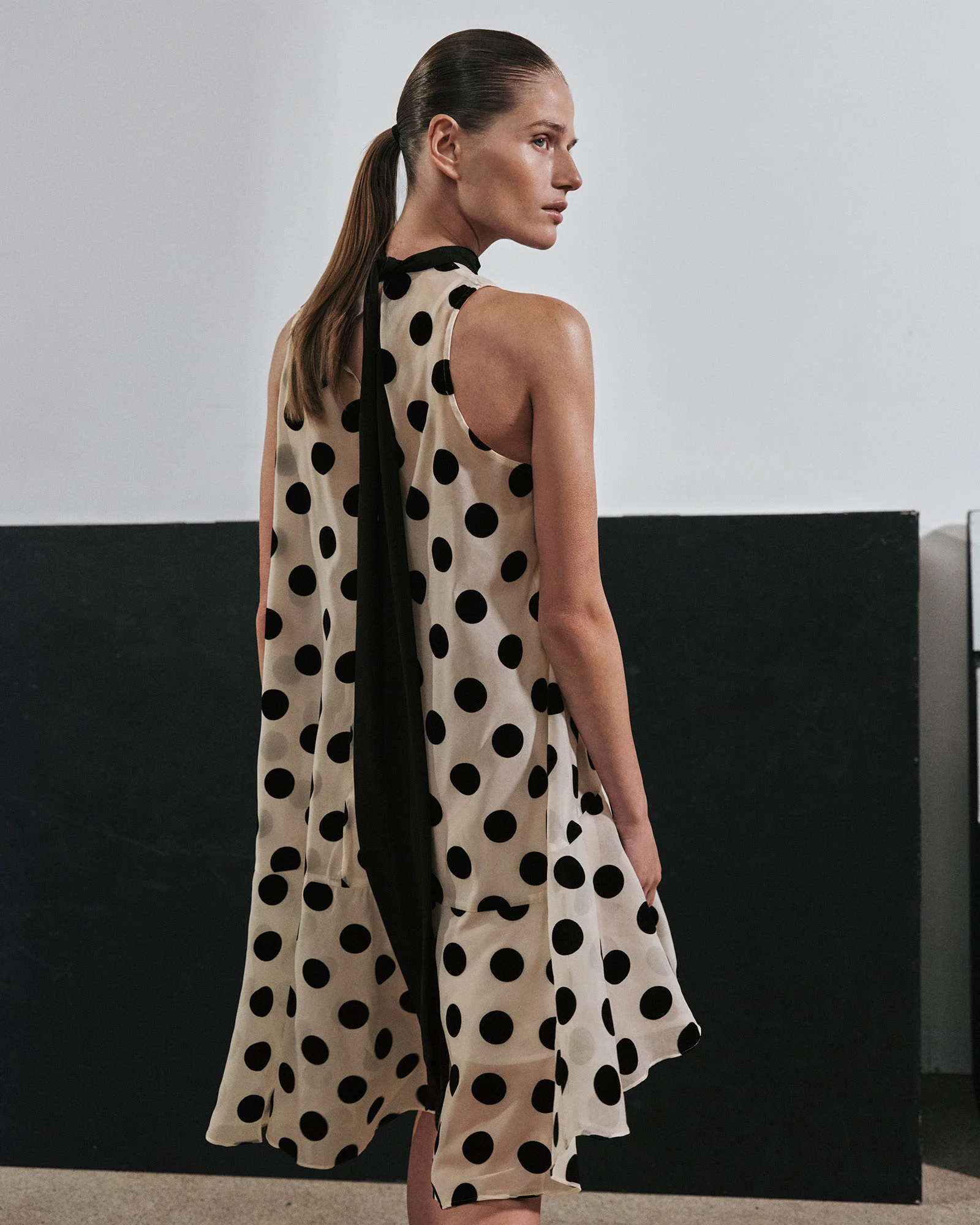 Flocked Polka Dot Tie Neck Mini Dress - Image 7