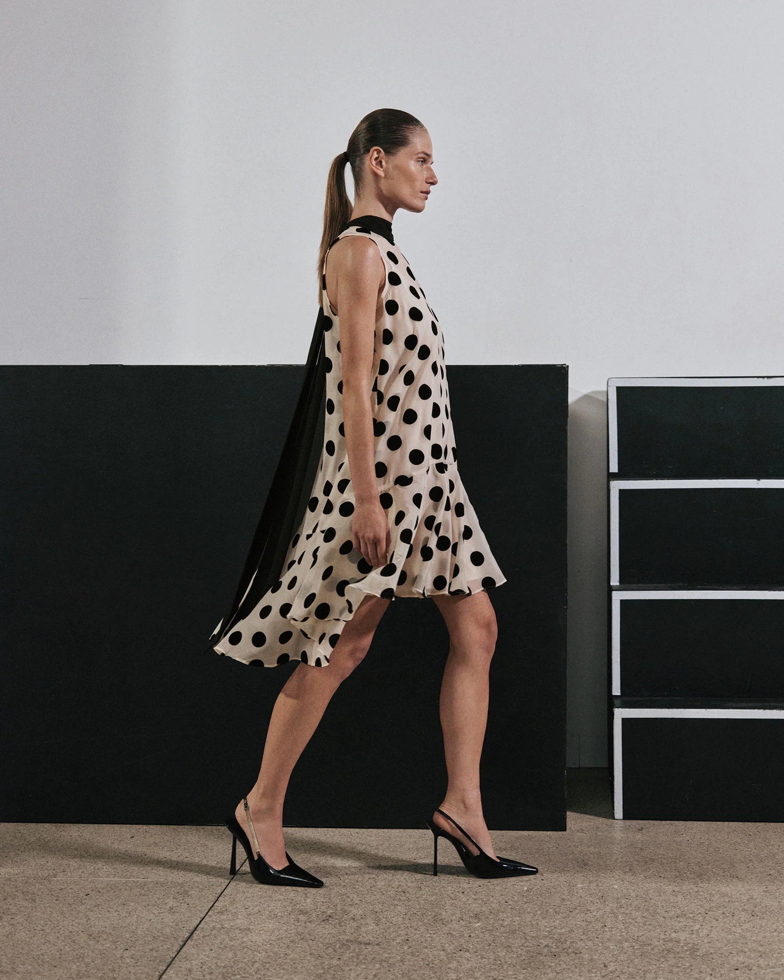 Flocked Polka Dot Tie Neck Mini Dress - Image 8