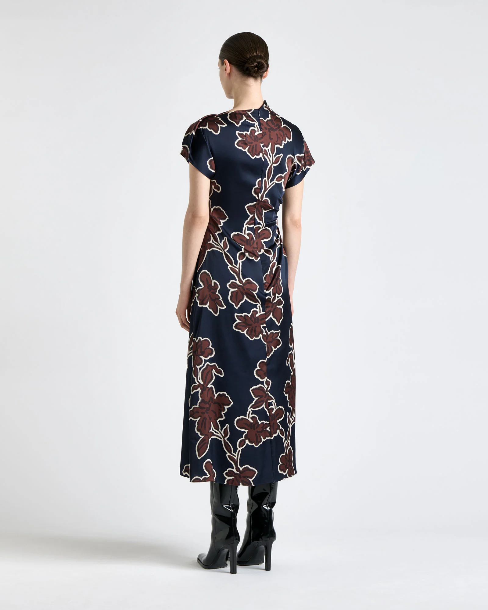 Ink Illustrated Floral Satin Fold Neck Dress - Image 5