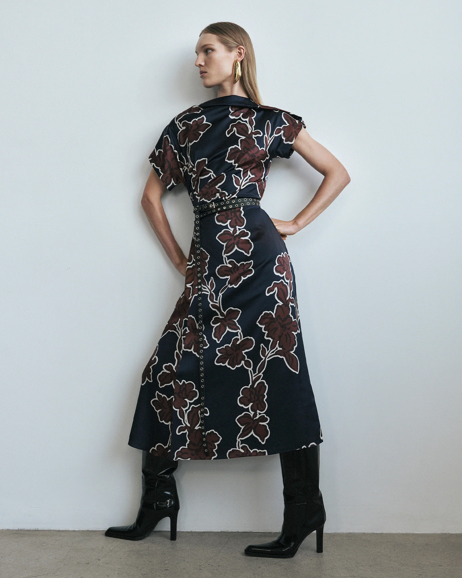 Ink Illustrated Floral Satin Fold Neck Dress - Image 6