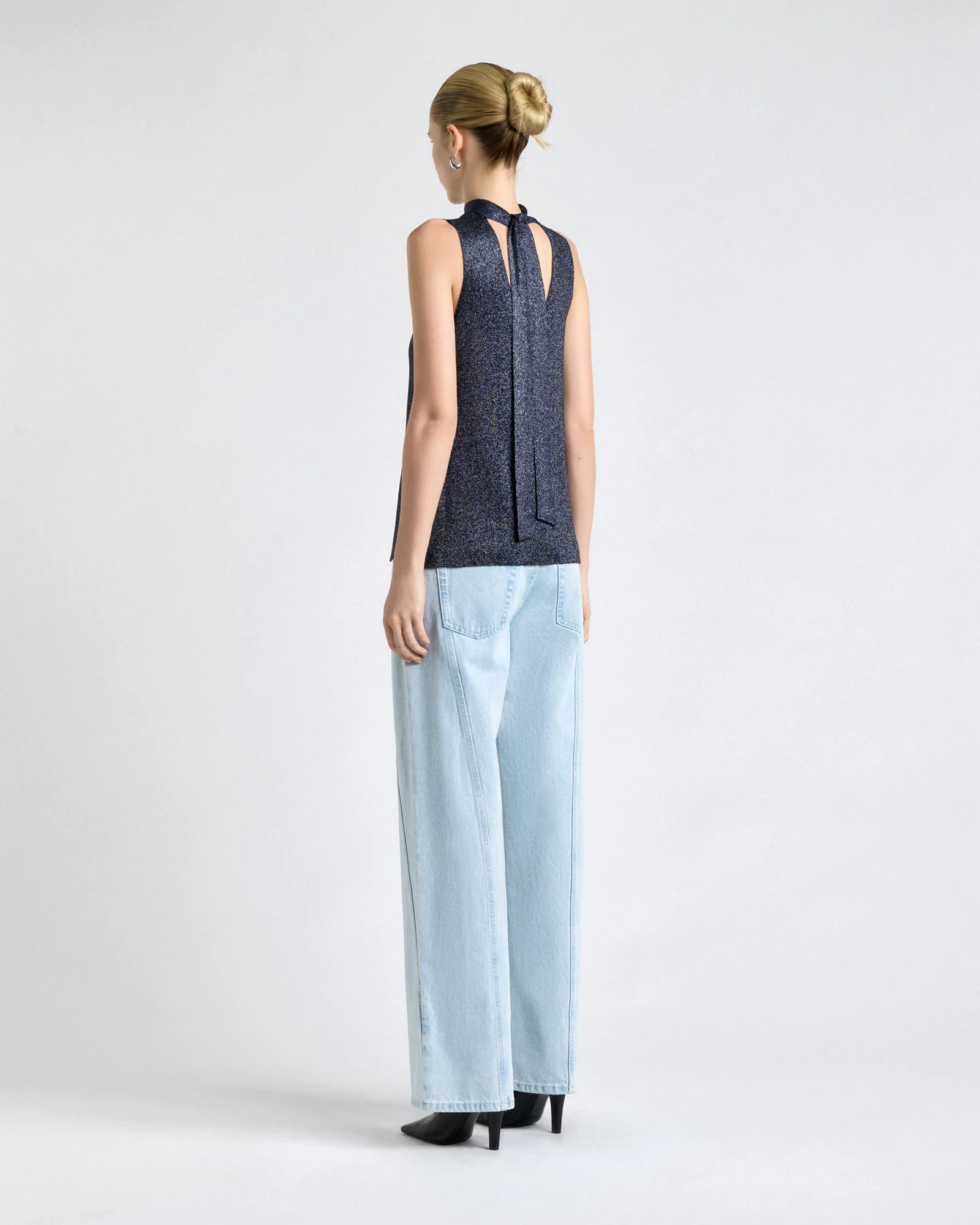 Ink Lurex Tie Neck Knit Top - Image 4