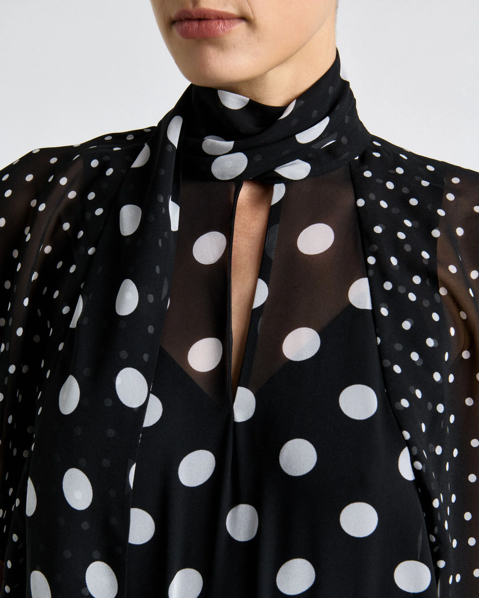 Polka Dot Ruffle Sleeve Tie Neck Blouse - Image 3