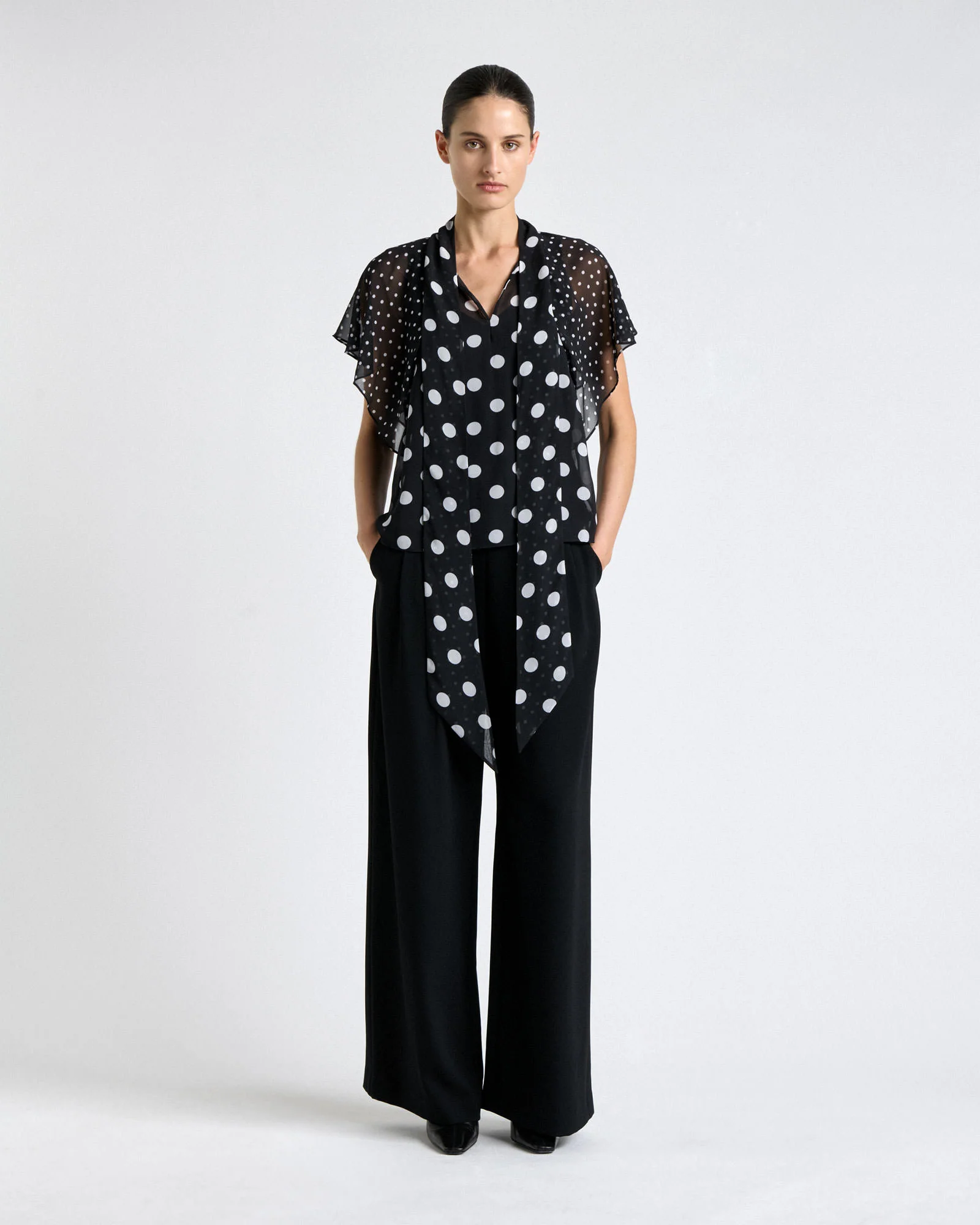 Polka Dot Ruffle Sleeve Tie Neck Blouse - Image 4