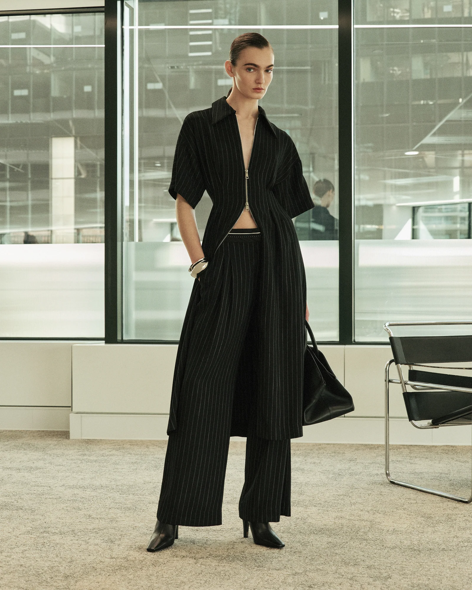 Sheer Stripe Zip Front Midi Dress - Image 6