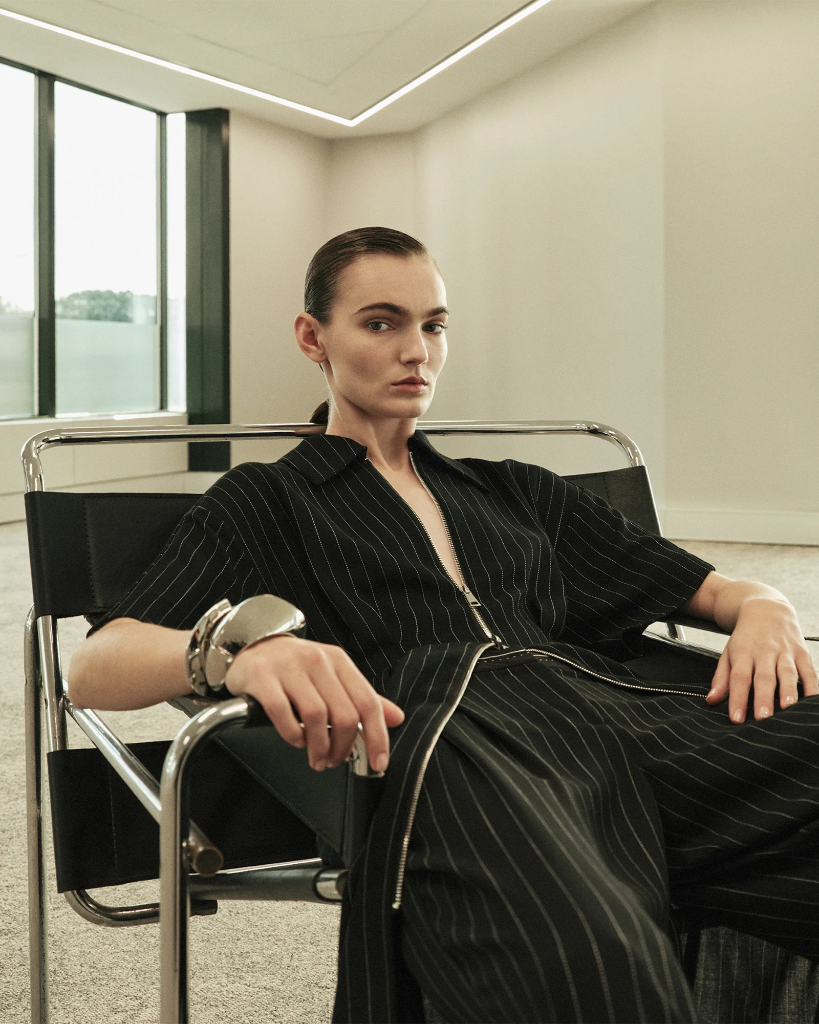 Sheer Stripe Zip Front Midi Dress - Image 7