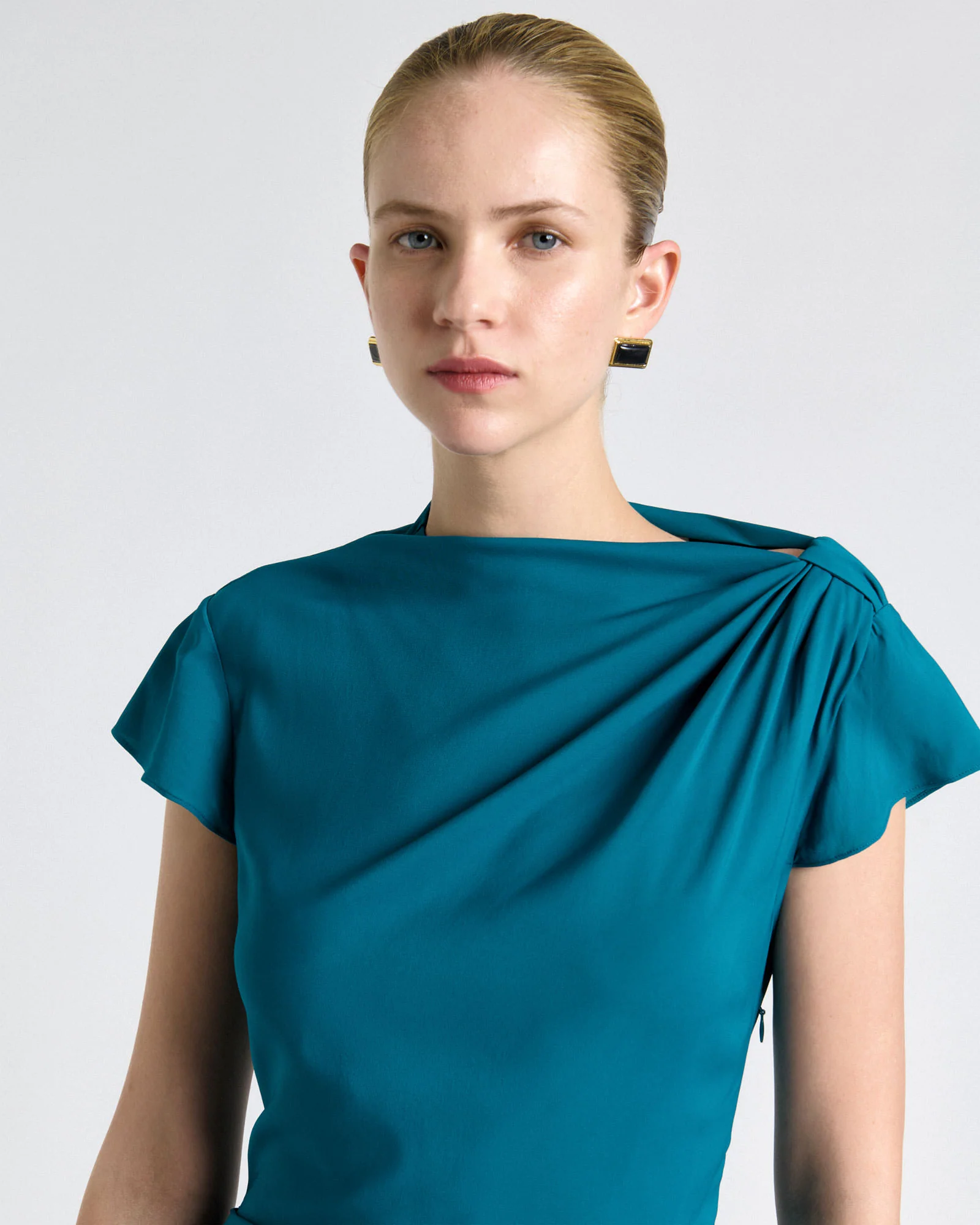 Teal Stretch Viscose Draped Neck Midi Dress - Image 3