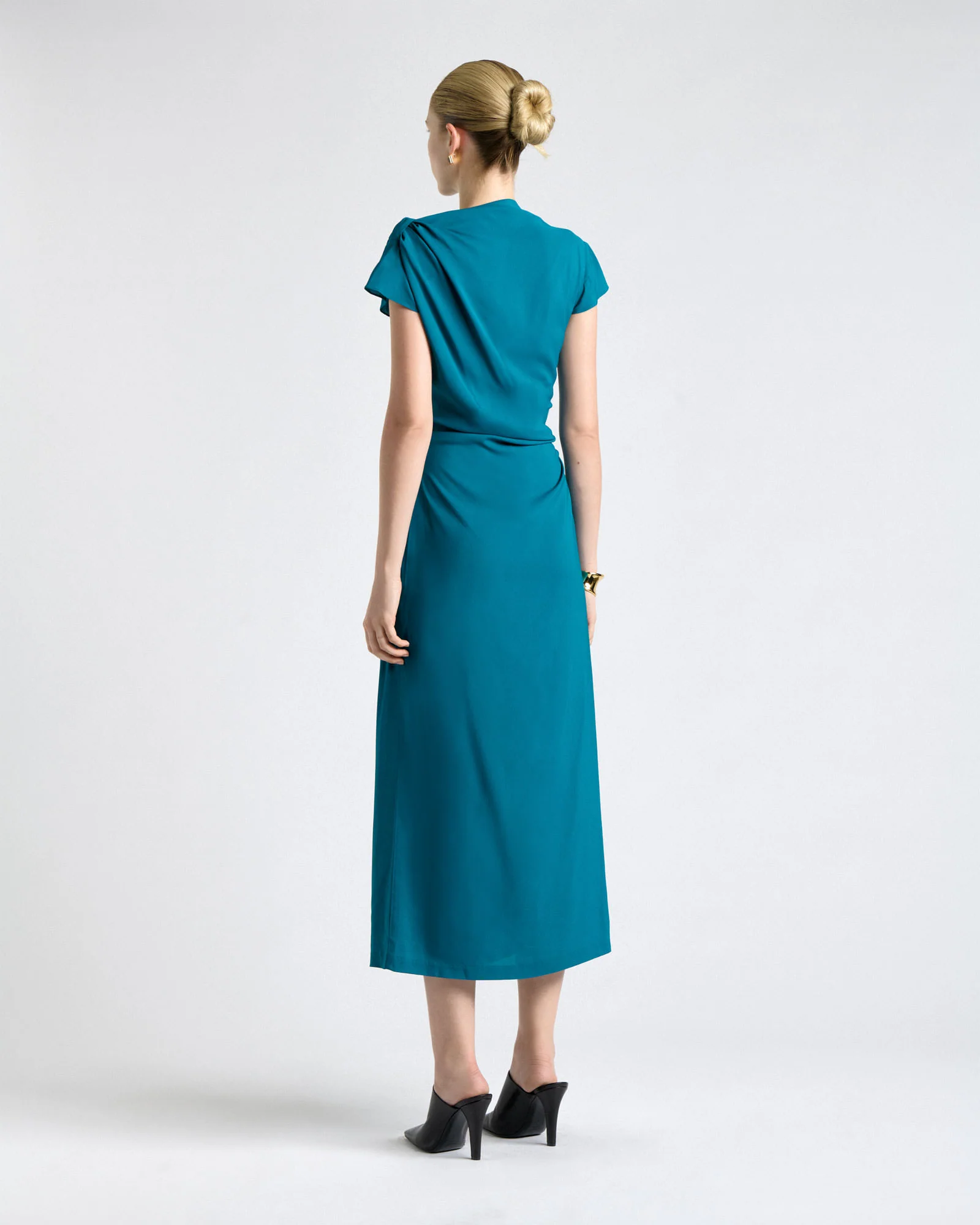 Teal Stretch Viscose Draped Neck Midi Dress - Image 4