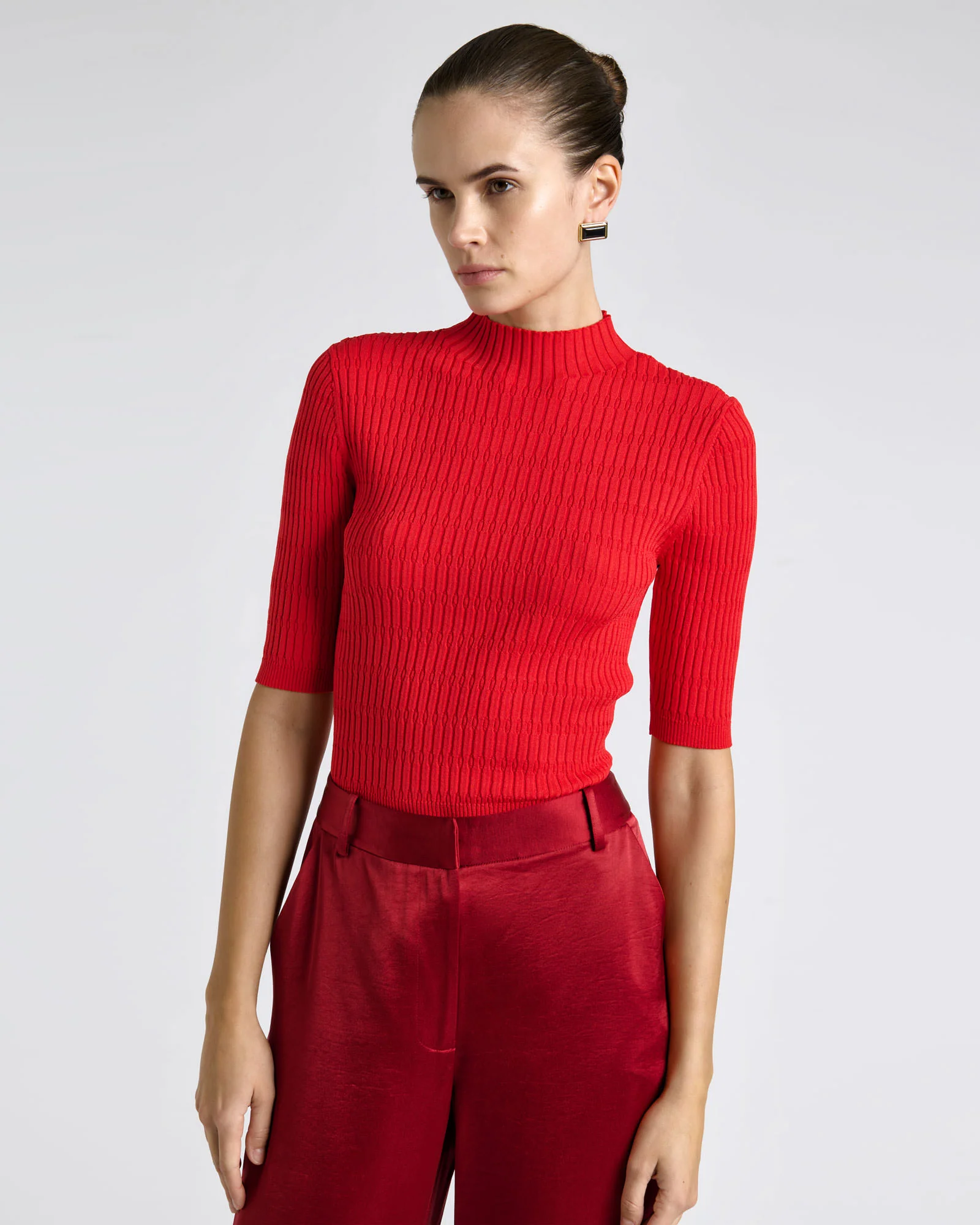 Textured Elbow Sleeve Funnel Neck Knit - Image 3