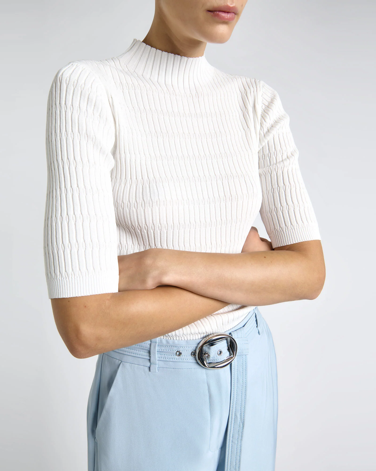 Textured Elbow Sleeve Funnel Neck Knit - Image 5