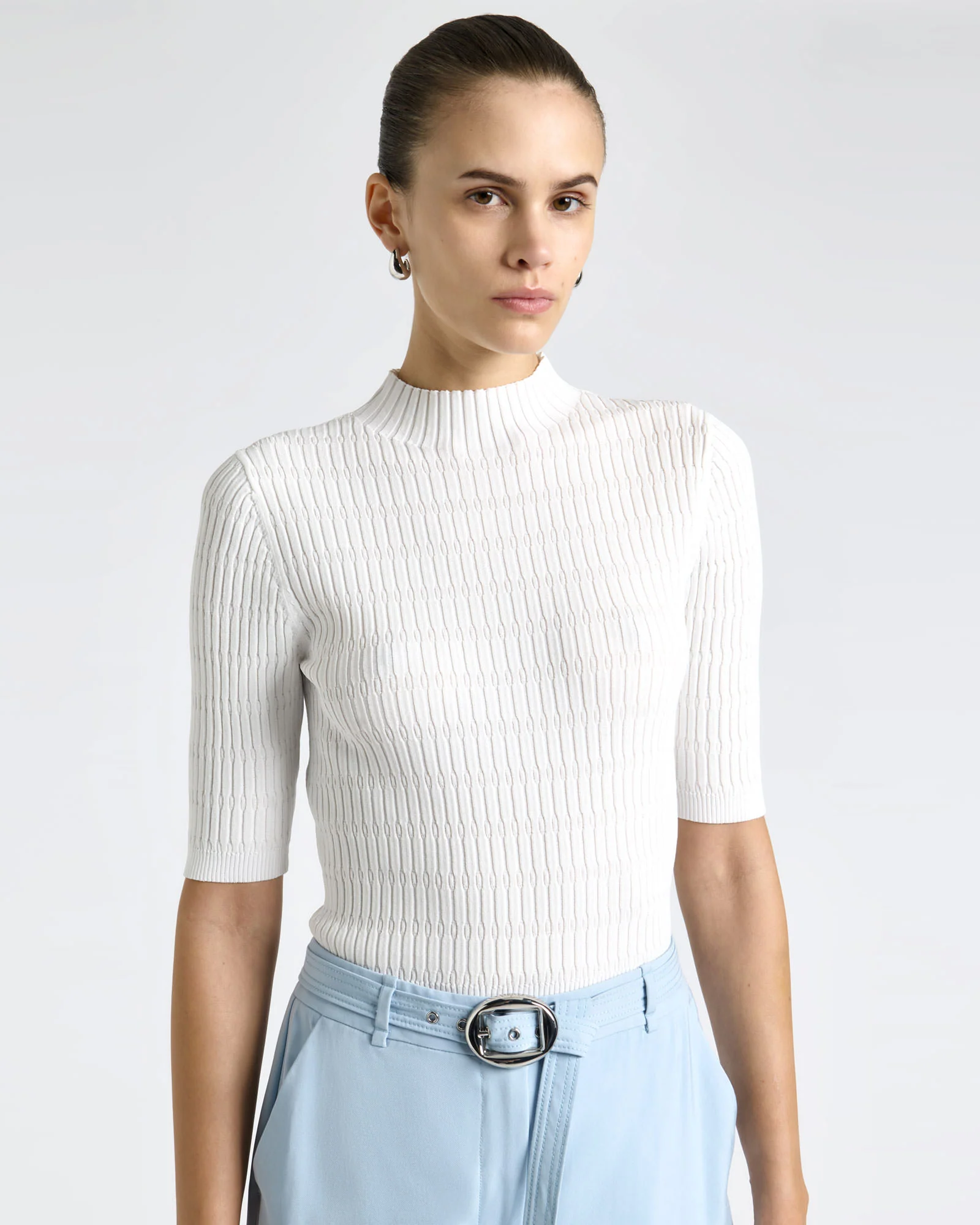 Textured Elbow Sleeve Funnel Neck Knit - Image 7
