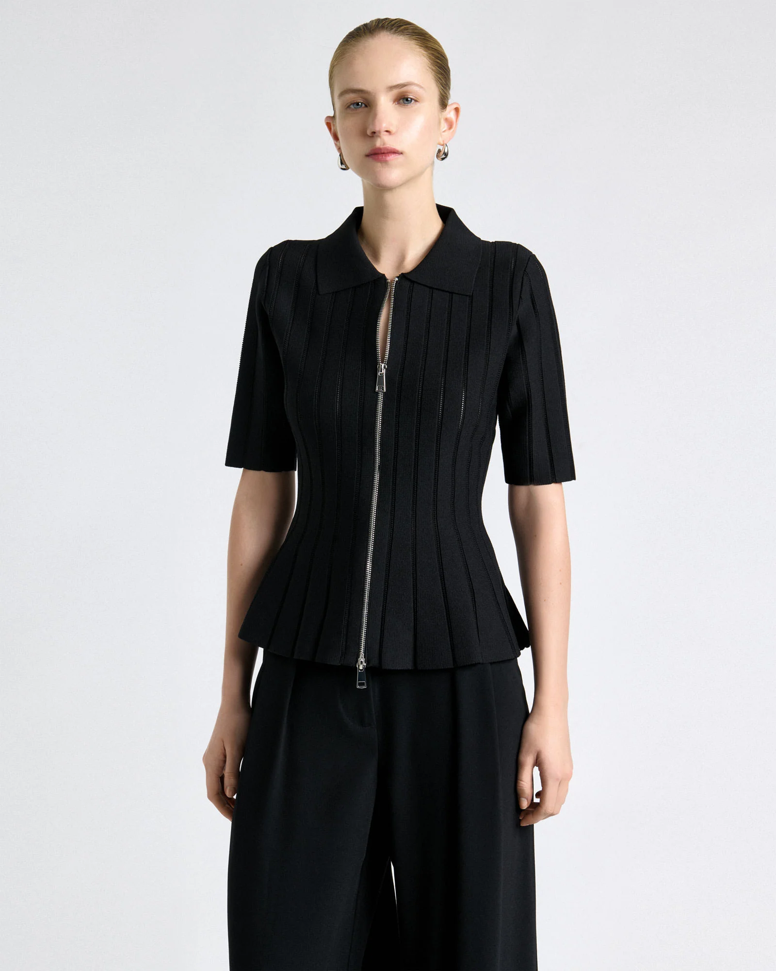 Zipper Front Peplum Knit Top - Image 4